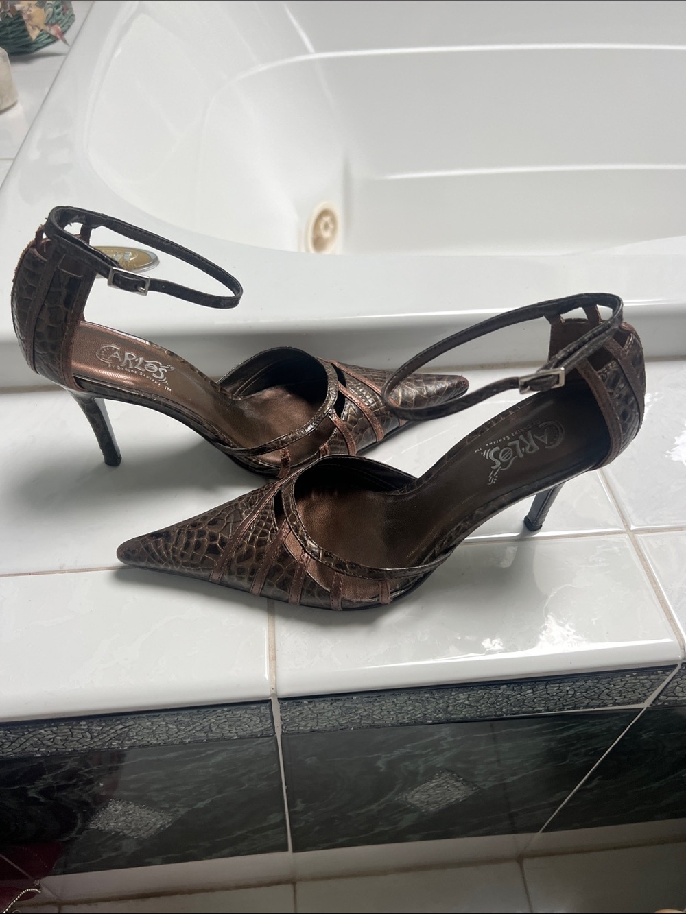 Vintage Carlos Santana Pointed Toe Ankle Strap Metallic Brown Black Size 6.5 - Picture 2 of 6